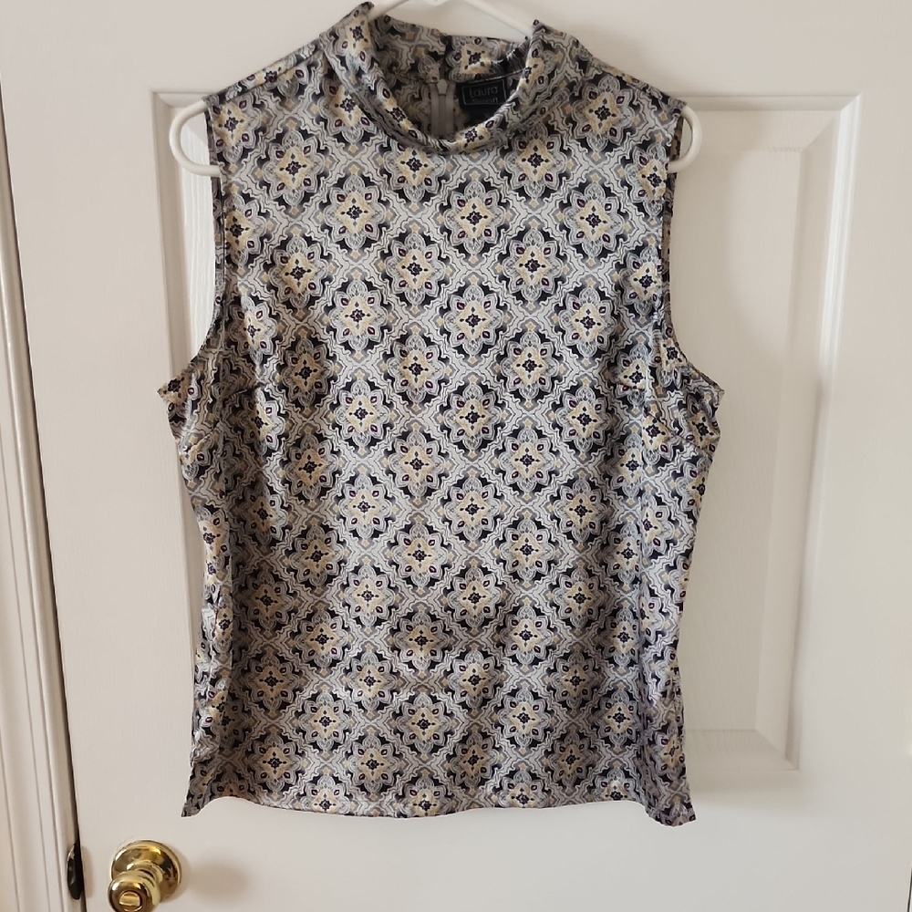 Laura Scott Geometric Sleeveless Blouse - Blue and Cream